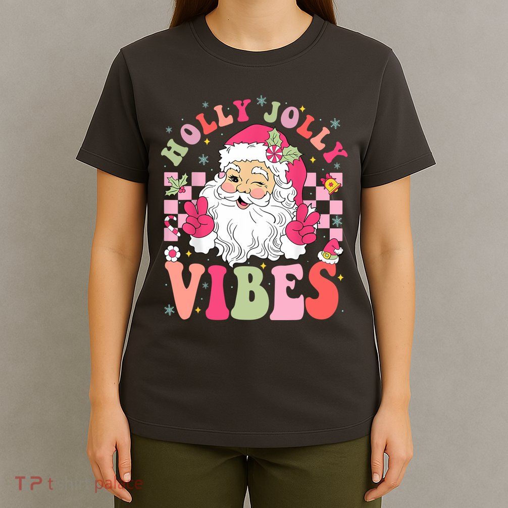 Holly Jolly Vibes Groovy Cute Santa Claus Christmas T-Shirt