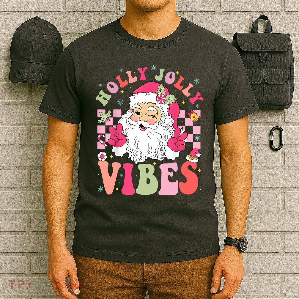 Holly Jolly Vibes Groovy Cute Santa Claus Christmas T-Shirt