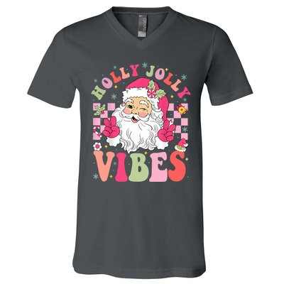 Holly Jolly Vibes Groovy Cute Santa Claus Christmas V-Neck T-Shirt