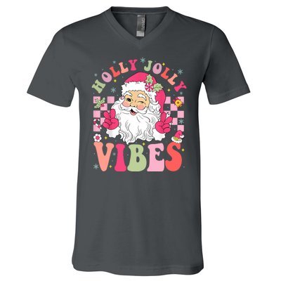 Holly Jolly Vibes Groovy Cute Santa Claus Christmas V-Neck T-Shirt