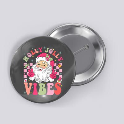 Holly Jolly Vibes Groovy Cute Santa Claus Christmas Button