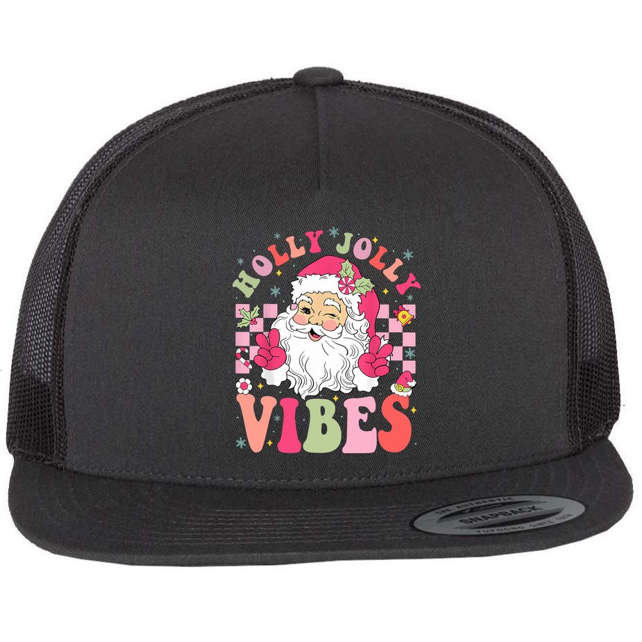 Holly Jolly Vibes Groovy Cute Santa Claus Christmas Flat Bill Trucker Hat