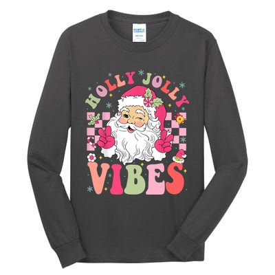 Holly Jolly Vibes Groovy Cute Santa Claus Christmas Tall Long Sleeve T-Shirt