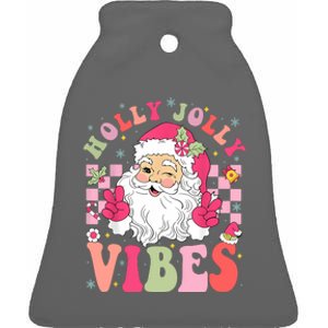 Holly Jolly Vibes Groovy Cute Santa Claus Christmas Ceramic Bell Ornament