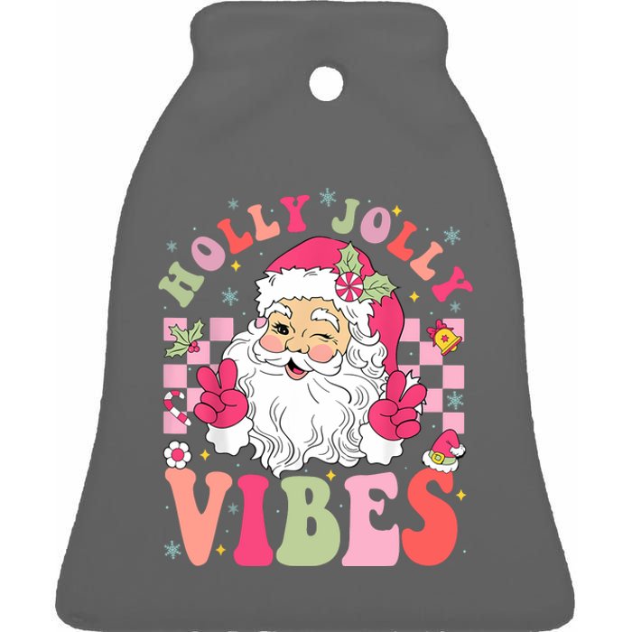 Holly Jolly Vibes Groovy Cute Santa Claus Christmas Ceramic Bell Ornament