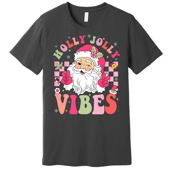 Holly Jolly Vibes Groovy Cute Santa Claus Christmas Premium T-Shirt