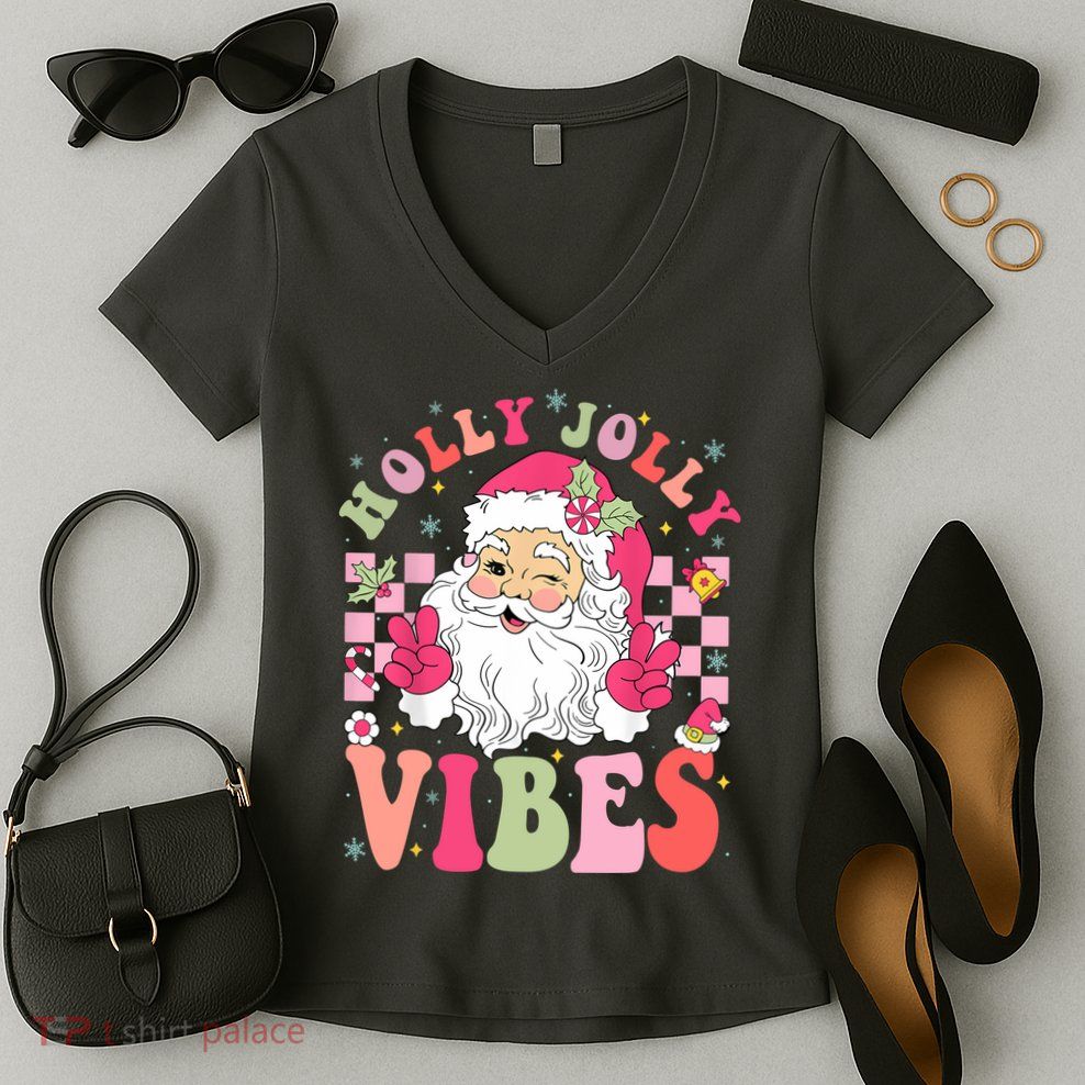 Holly Jolly Vibes Groovy Cute Santa Claus Christmas Women's V-Neck T-Shirt