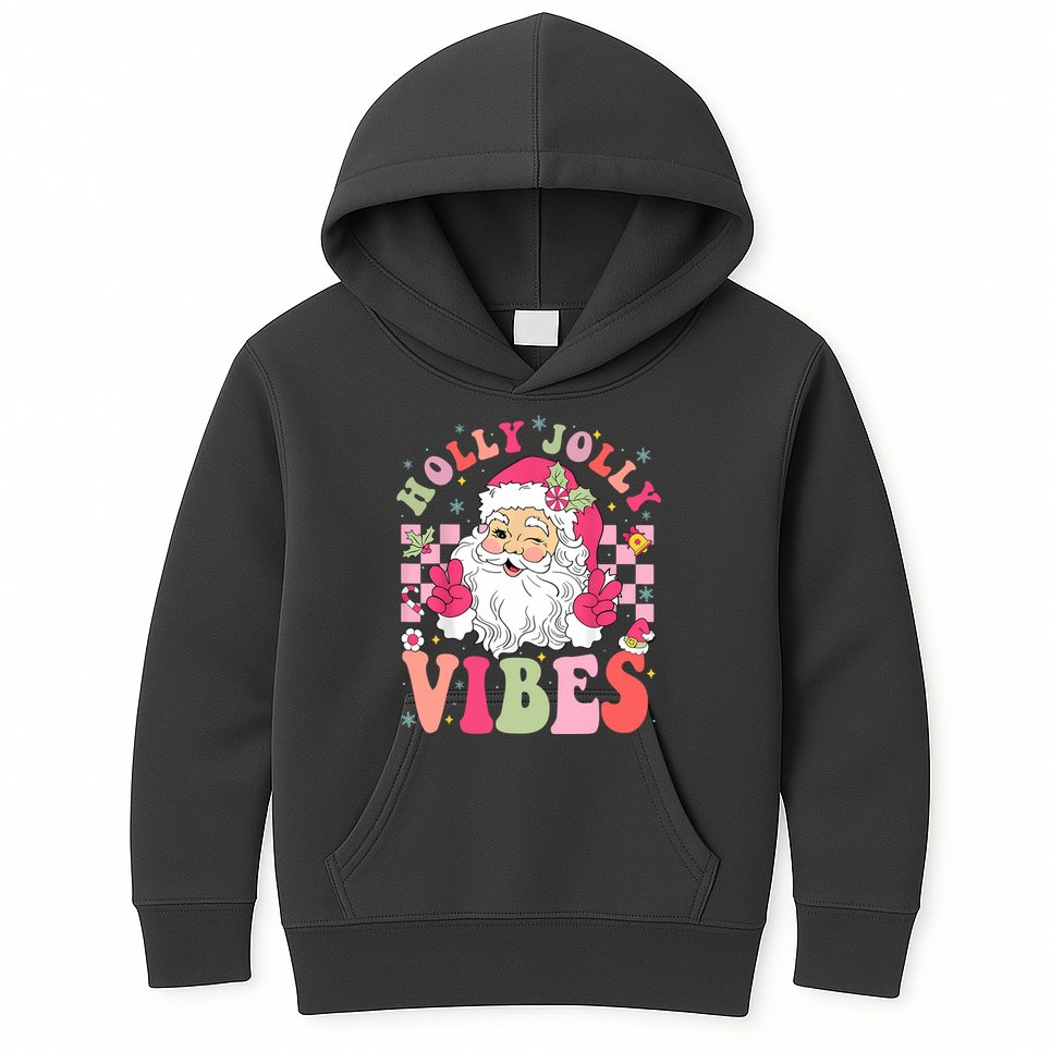 Holly Jolly Vibes Groovy Cute Santa Claus Christmas Kids Hoodie