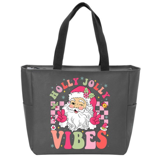 Holly Jolly Vibes Groovy Cute Santa Claus Christmas Zip Tote Bag