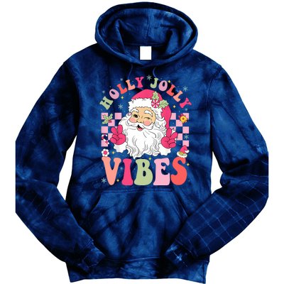 Holly Jolly Vibes Groovy Cute Santa Claus Christmas Tie Dye Hoodie