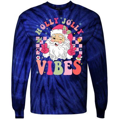 Holly Jolly Vibes Groovy Cute Santa Claus Christmas Tie-Dye Long Sleeve Shirt