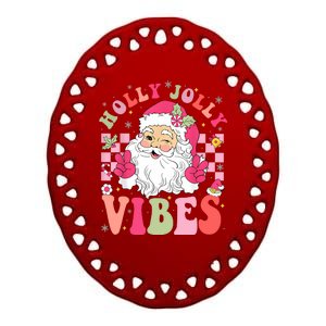 Holly Jolly Vibes Groovy Cute Santa Claus Christmas Ceramic Oval Ornament