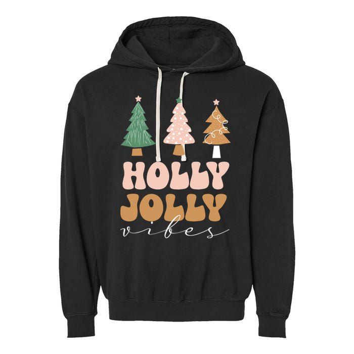 Holly Jolly Vibes Retro Groovy Garment-Dyed Fleece Hoodie