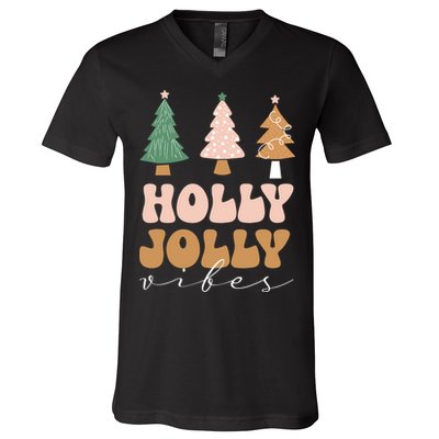 Holly Jolly Vibes Retro Groovy V-Neck T-Shirt