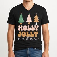 Holly Jolly Vibes Retro Groovy V-Neck T-Shirt