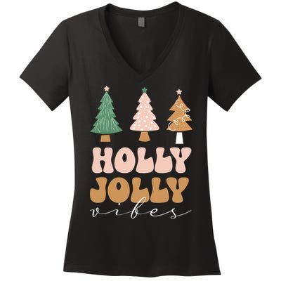 Holly Jolly Vibes Retro Groovy Women's V-Neck T-Shirt