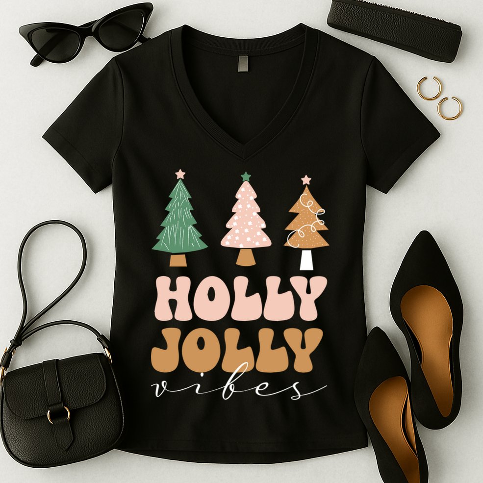 Holly Jolly Vibes Retro Groovy Women's V-Neck T-Shirt
