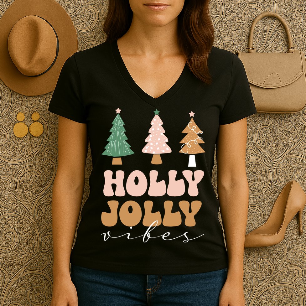 Holly Jolly Vibes Retro Groovy Women's V-Neck T-Shirt