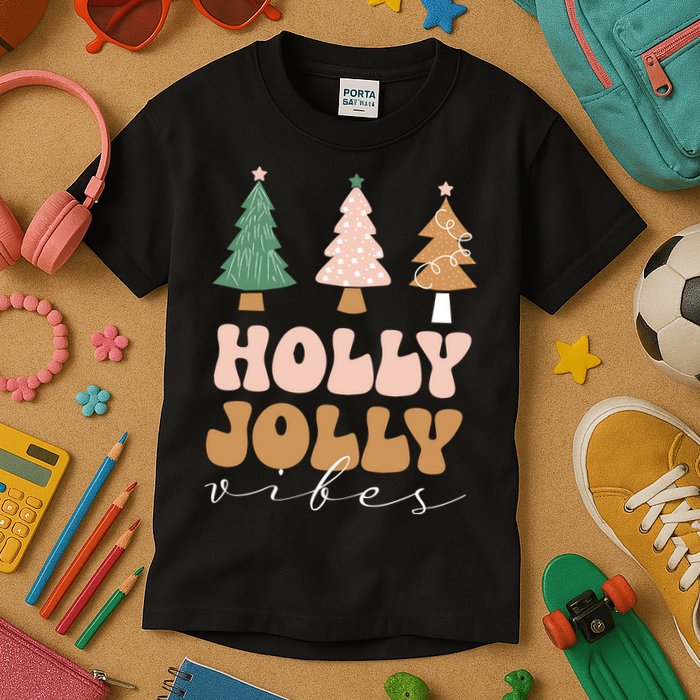 Holly Jolly Vibes Retro Groovy Kids T-Shirt