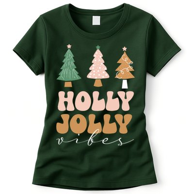 Holly Jolly Vibes Retro Groovy Womens T-Shirt