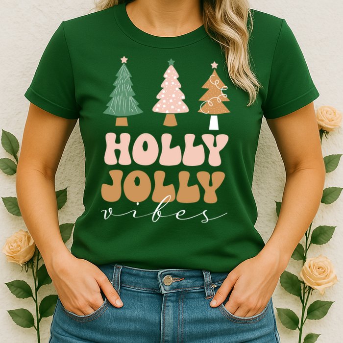Holly Jolly Vibes Retro Groovy Womens T-Shirt