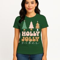 Holly Jolly Vibes Retro Groovy Womens T-Shirt