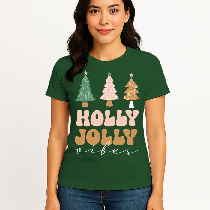 Holly Jolly Vibes Retro Groovy Womens T-Shirt