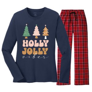 Holly Jolly Vibes Retro Groovy Women's Long Sleeve Flannel Pajama Set 