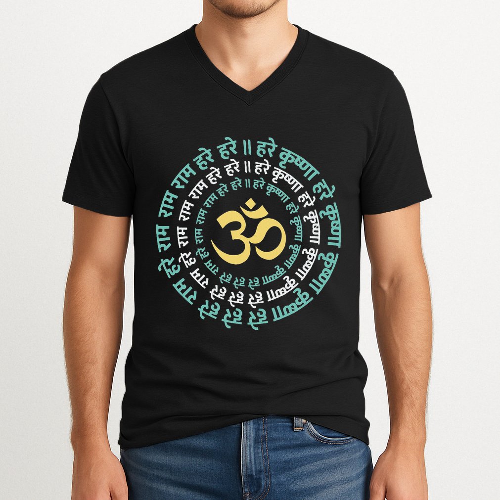 Hare Krishna Aum Om Mantra Symbol Chanting Hinduism V-Neck T-Shirt