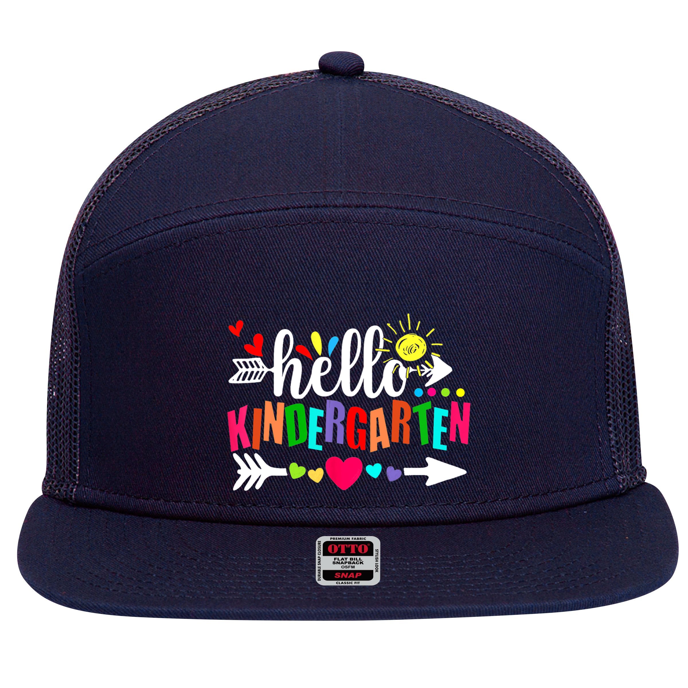 Hello Kindergarten Back To School Teachers First Day 7 Panel Mesh Trucker Snapback Hat