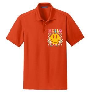 Hello Kindergarten Back To School Groovy Teacher Student Dry Zone Grid Polo