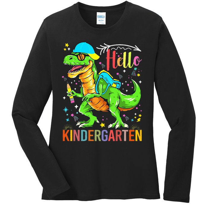 Hello Kindergarten Back To School Dinosaur Design. Ladies Long Sleeve Shirt