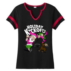 Holiday Kickoff Christmas Santa Elf Reindeer Funny Soccer Ladies Halftime Notch Neck Tee