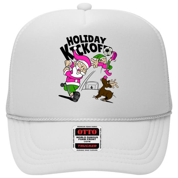 Holiday Kickoff Christmas Santa Elf Reindeer Funny Soccer High Crown Mesh Back Trucker Hat