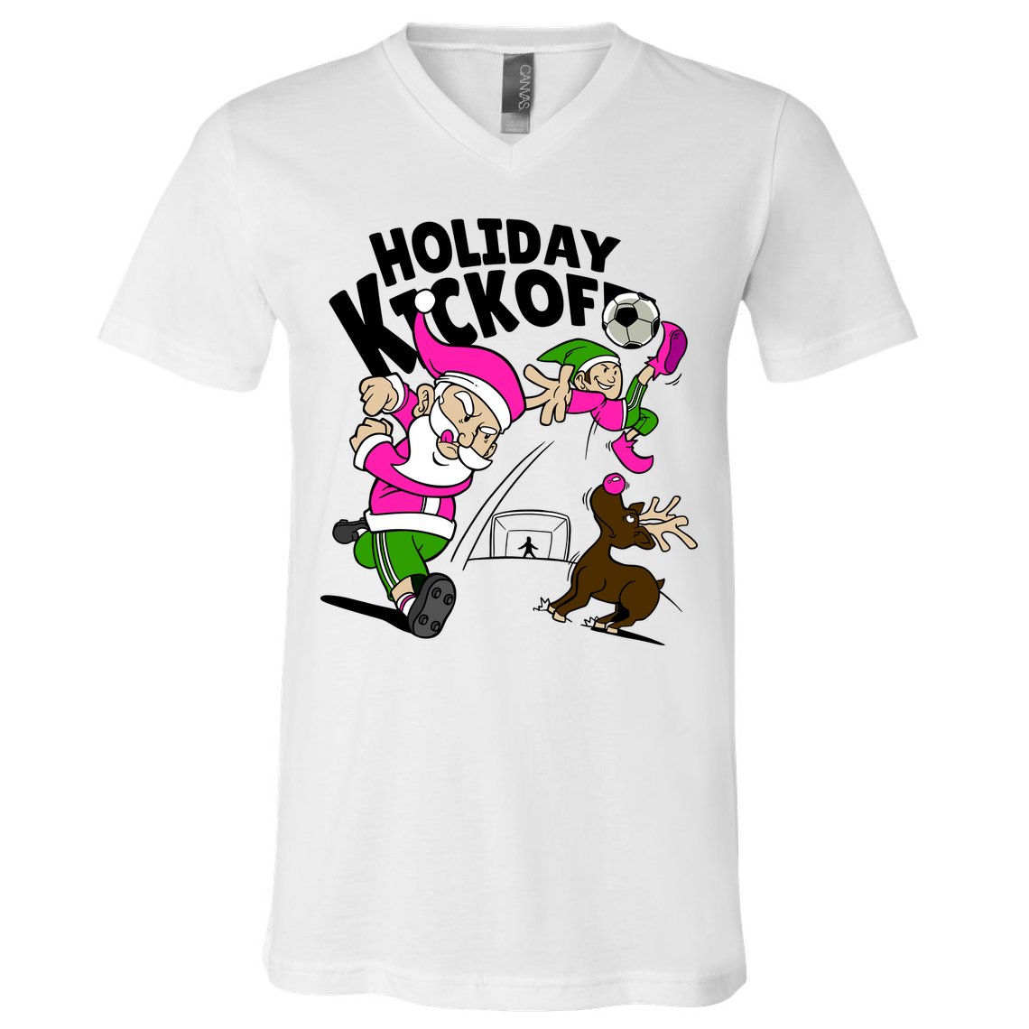 Holiday Kickoff Christmas Santa Elf Reindeer Funny Soccer V-Neck T-Shirt