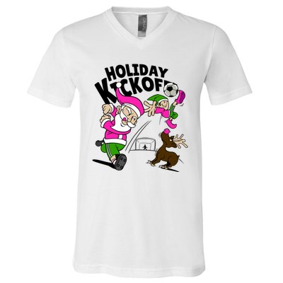 Holiday Kickoff Christmas Santa Elf Reindeer Funny Soccer V-Neck T-Shirt