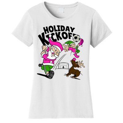 Holiday Kickoff Christmas Santa Elf Reindeer Funny Soccer Women's T-Shirt