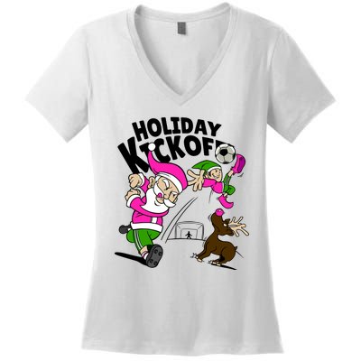 Holiday Kickoff Christmas Santa Elf Reindeer Funny Soccer Women's V-Neck T-Shirt