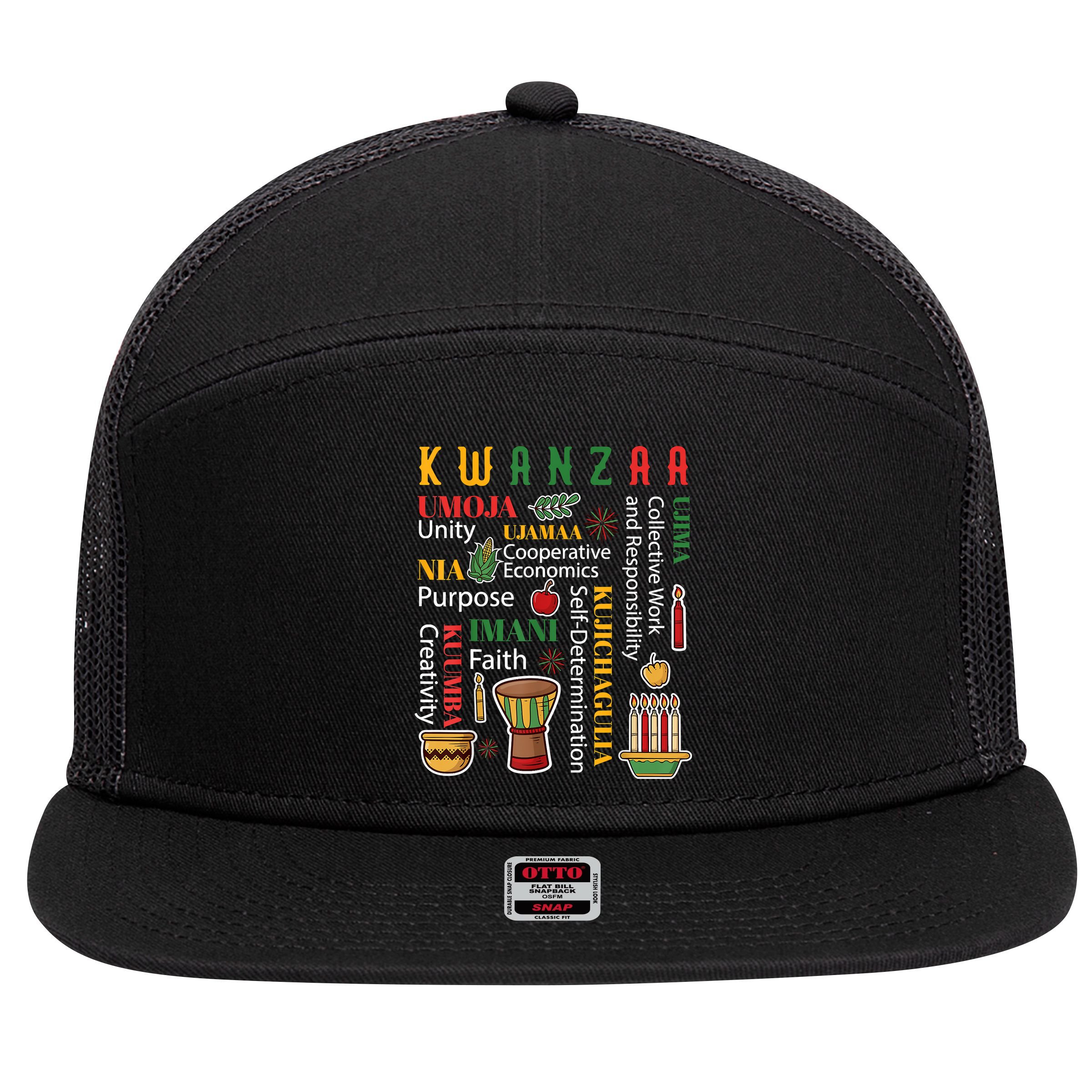 Happy Kwanzaa Drum Kinara Seven Candles Africa Celebration 7 Panel Mesh Trucker Snapback Hat