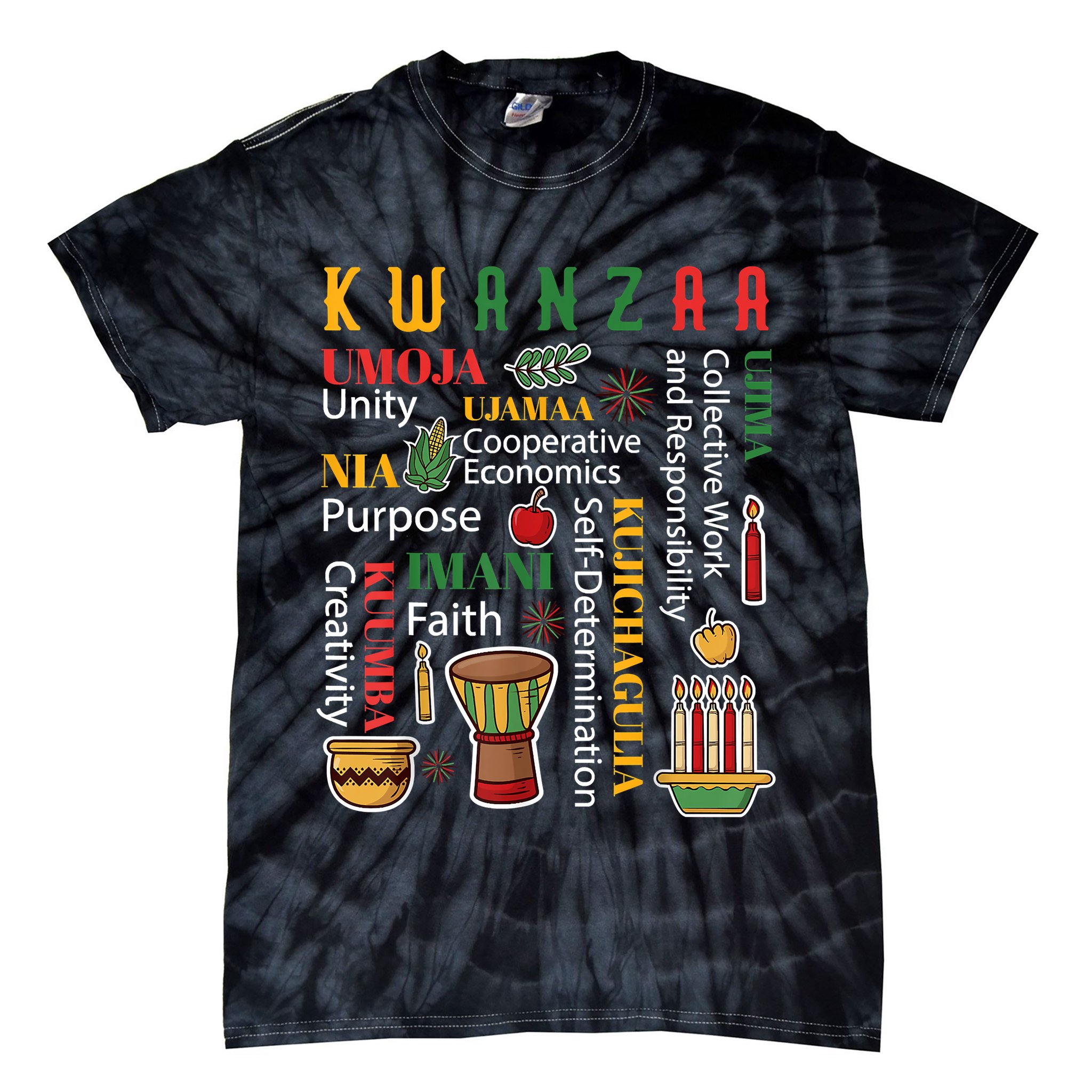 Happy Kwanzaa Drum Kinara Seven Candles Africa Celebration Tie-Dye T-Shirt