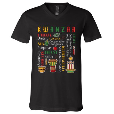 Happy Kwanzaa Drum Kinara Seven Candles Africa Celebration V-Neck T-Shirt