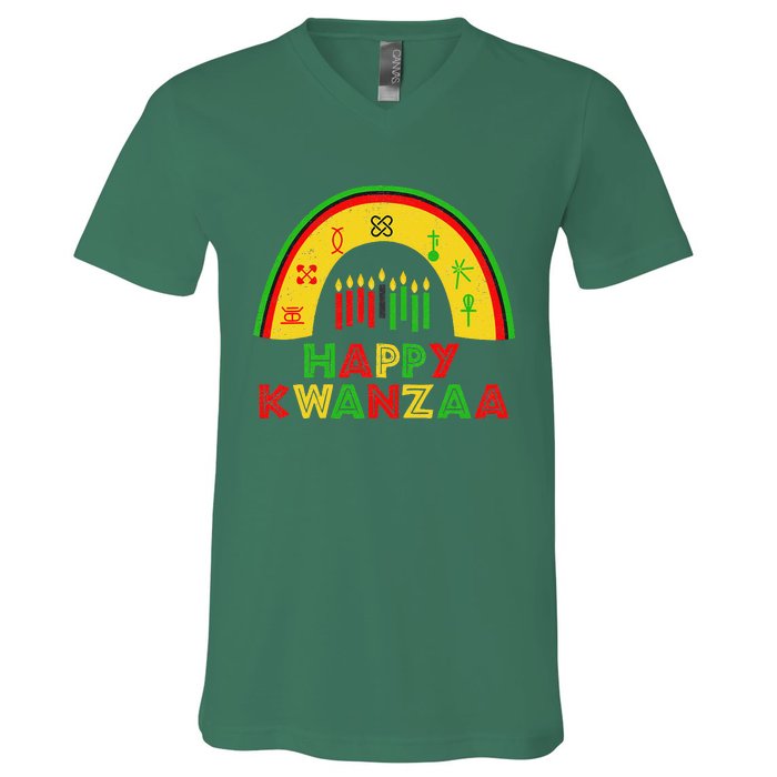 Happy Kwanzaa Decorations Rainbow 7 Seven Principles Kinara V-Neck T-Shirt