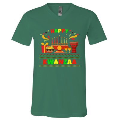 Happy Kwanzaa Drum Kinara Seven Candles Africa Celebration V-Neck T-Shirt