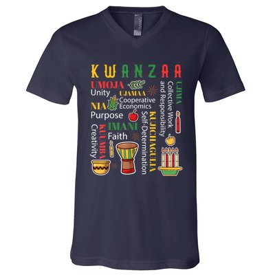 Happy Kwanzaa Drum Kinara Seven Candles Africa Celebration V-Neck T-Shirt