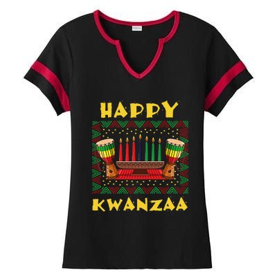 Happy Kwanzaa Drum Kinara Seven Candles Africa Celebration Ladies Halftime Notch Neck Tee