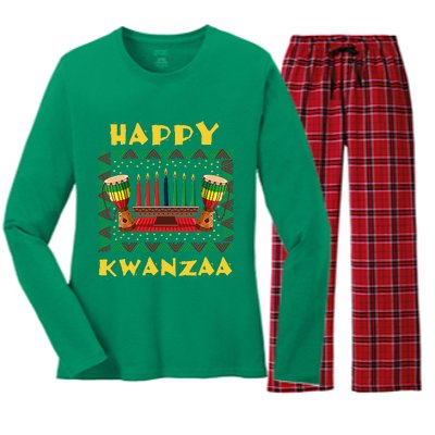 Happy Kwanzaa Drum Kinara Seven Candles Africa Celebration Women's Long Sleeve Flannel Pajama Set 