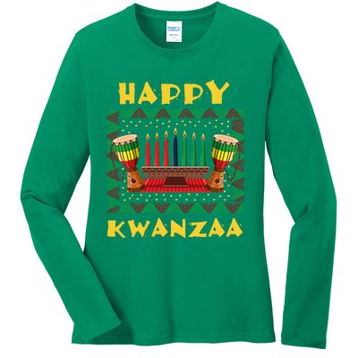 Happy Kwanzaa Drum Kinara Seven Candles Africa Celebration Ladies Long Sleeve Shirt