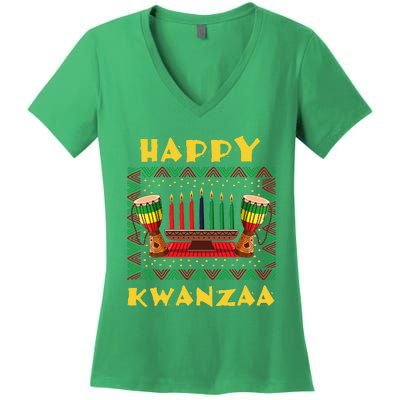 Happy Kwanzaa Drum Kinara Seven Candles Africa Celebration Women's V-Neck T-Shirt