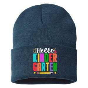 Hello Kindergarten First Day Of School Teachers Students Sustainable Knit Beanie