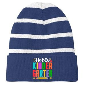 Hello Kindergarten First Day Of School Teachers Students Striped Beanie with Solid Band